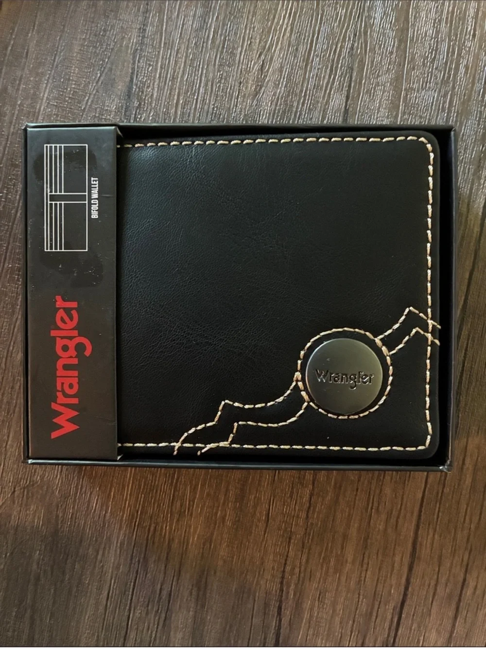 Wrangler Black Leather Card & Key Holder with Cream Contrast Stitch